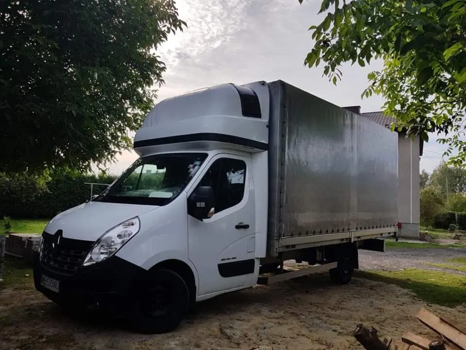 Ciężarowy samochód dostawczy stojący na łące wśród drzew